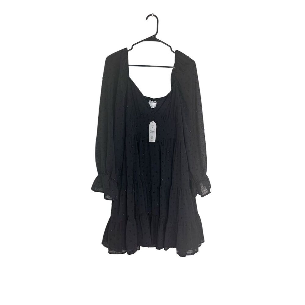 Arula Women's 1X Black Swiss Dot Babydoll Dress Long Sleeve NWT